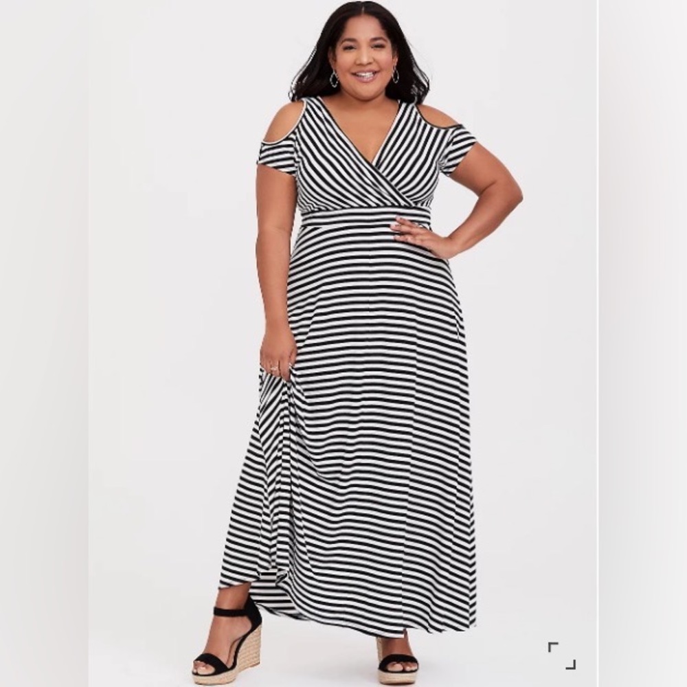 Torrid Black and White Striped Jersey Cold Shoulder Maxi Dress